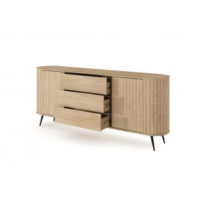 Kommode RIVO 196 cm - Eiche Cremona mit geriffelten Fronten, abgerundet mit 3 Schubladen und Schiebetüren 3/9