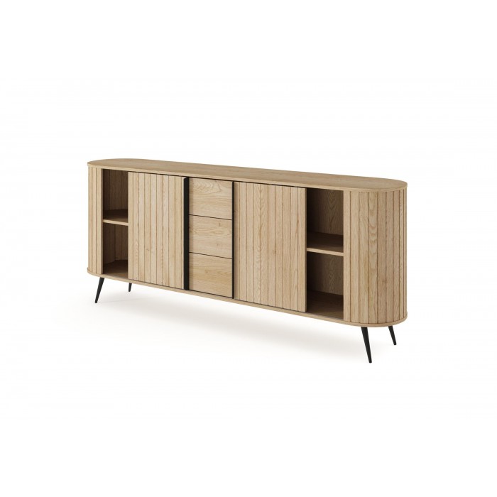 Kommode RIVO 196 cm - Eiche Cremona mit geriffelten Fronten, abgerundet mit 3 Schubladen und Schiebetüren