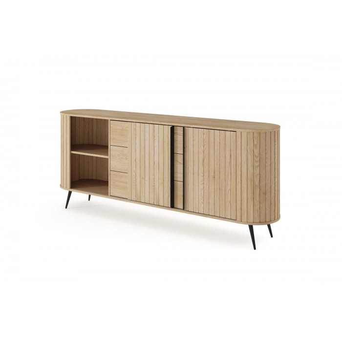 Kommode RIVO 196 cm - Eiche Cremona mit geriffelten Fronten, abgerundet mit 3 Schubladen und Schiebetüren