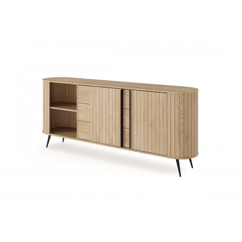 Kommode RIVO 196 cm - Eiche Cremona mit geriffelten Fronten, abgerundet mit 3 Schubladen und Schiebetüren 5/9