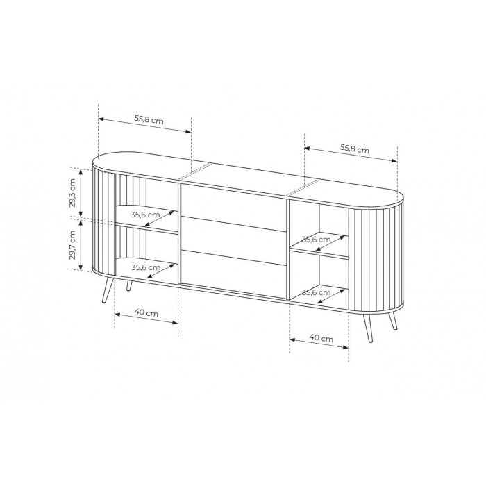 Kommode RIVO 196 cm - Eiche Cremona mit geriffelten Fronten, abgerundet mit 3 Schubladen und Schiebetüren