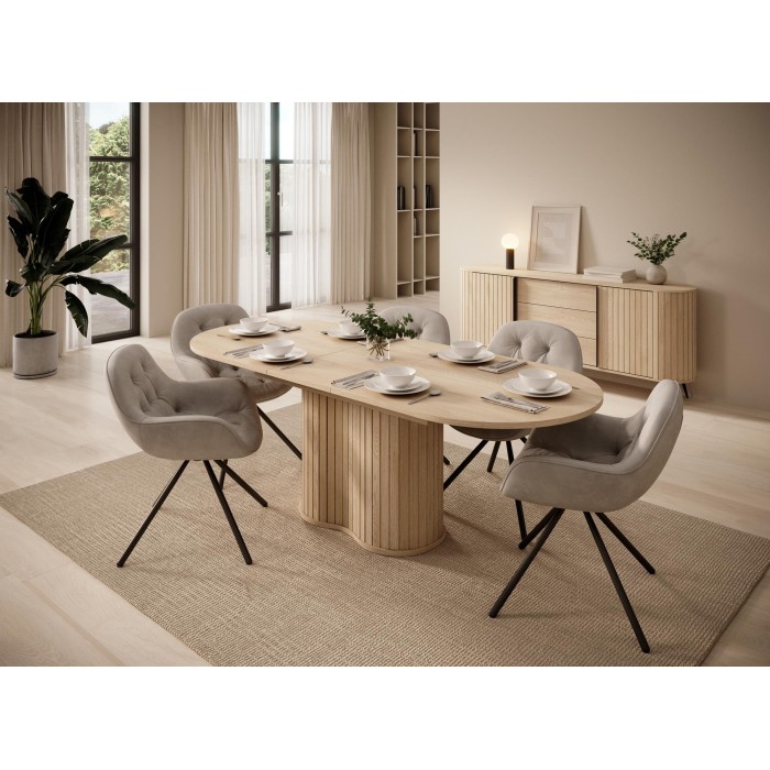 Kommode RIVO 196 cm - Eiche Cremona mit geriffelten Fronten, abgerundet mit 3 Schubladen und Schiebetüren