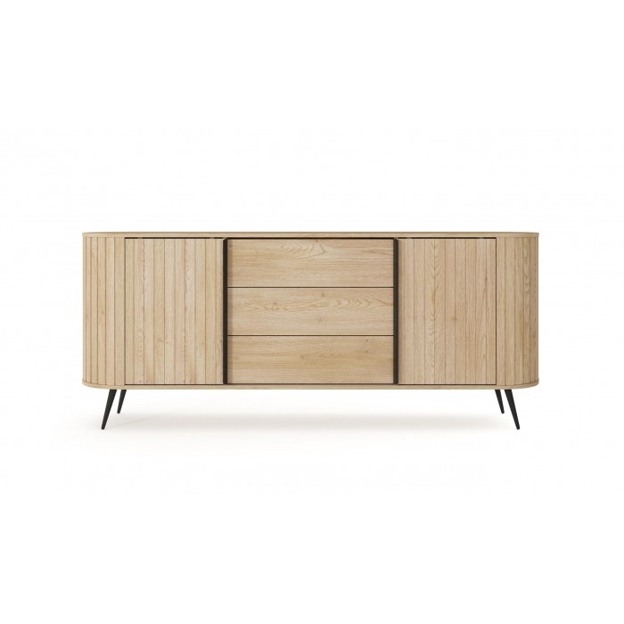 Kommode RIVO 196 cm - Eiche Cremona mit geriffelten Fronten, abgerundet mit 3 Schubladen und Schiebetüren