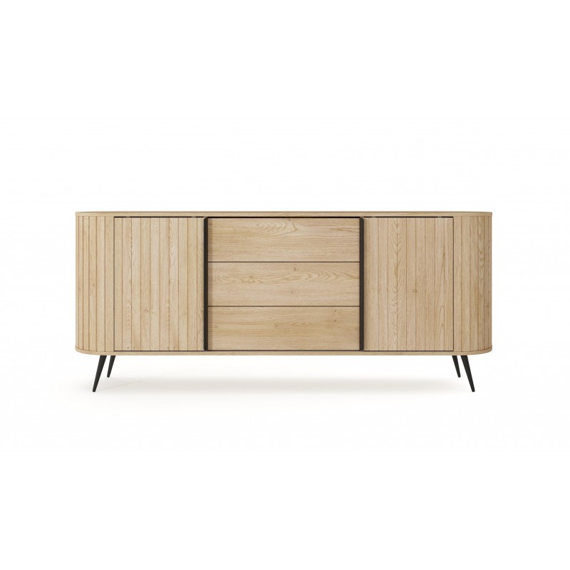 Kommode RIVO 196 cm - Eiche Cremona mit geriffelten Fronten, abgerundet mit 3 Schubladen und Schiebetüren 11/9