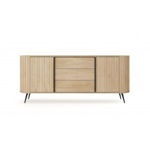 Kommode RIVO 196 cm - Eiche Cremona mit geriffelten Fronten, abgerundet mit 3 Schubladen und Schiebetüren 11/9