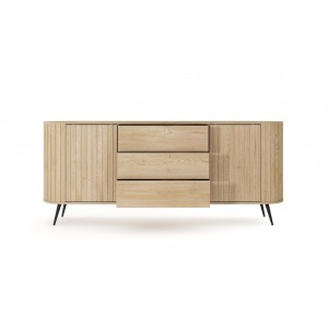 Kommode RIVO 196 cm - Eiche Cremona mit geriffelten Fronten, abgerundet mit 3 Schubladen und Schiebetüren 12/9