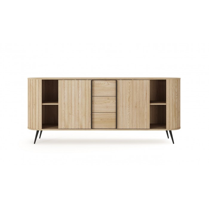 Kommode RIVO 196 cm - Eiche Cremona mit geriffelten Fronten, abgerundet mit 3 Schubladen und Schiebetüren