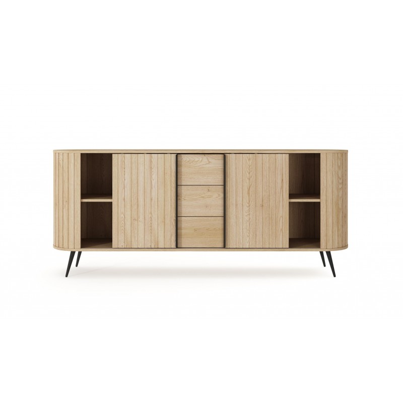 Kommode RIVO 196 cm - Eiche Cremona mit geriffelten Fronten, abgerundet mit 3 Schubladen und Schiebetüren 13/9