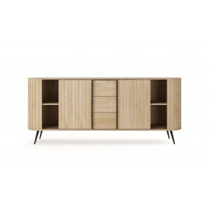 Kommode RIVO 196 cm - Eiche Cremona mit geriffelten Fronten, abgerundet mit 3 Schubladen und Schiebetüren 13/9