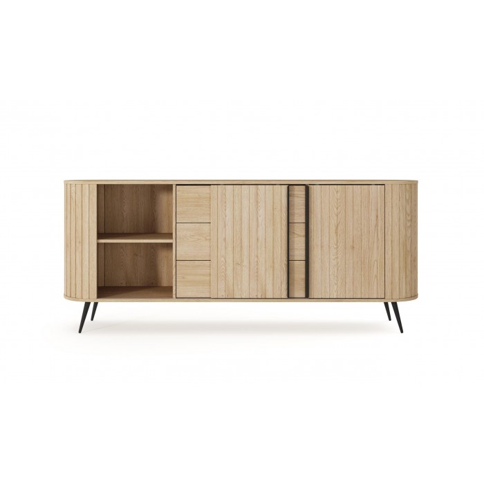 Kommode RIVO 196 cm - Eiche Cremona mit geriffelten Fronten, abgerundet mit 3 Schubladen und Schiebetüren