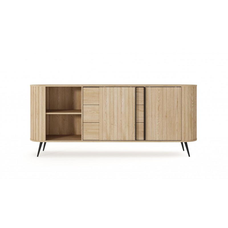 Kommode RIVO 196 cm - Eiche Cremona mit geriffelten Fronten, abgerundet mit 3 Schubladen und Schiebetüren 14/9