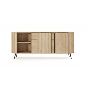 Kommode RIVO 196 cm - Eiche Cremona mit geriffelten Fronten, abgerundet mit 3 Schubladen und Schiebetüren 14/9
