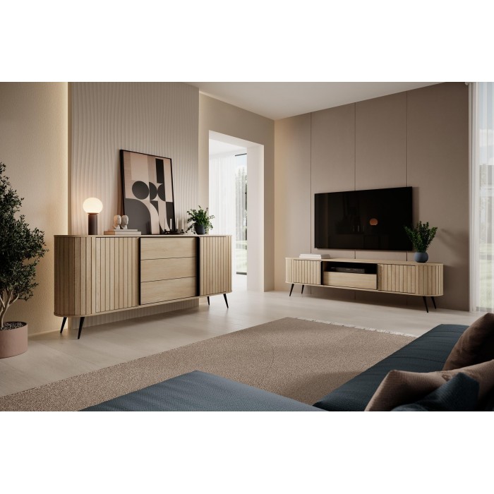 RTV Tisch RIVO 196 cm - TV-Schrank in Eiche Cremona mit geriffelten Fronten