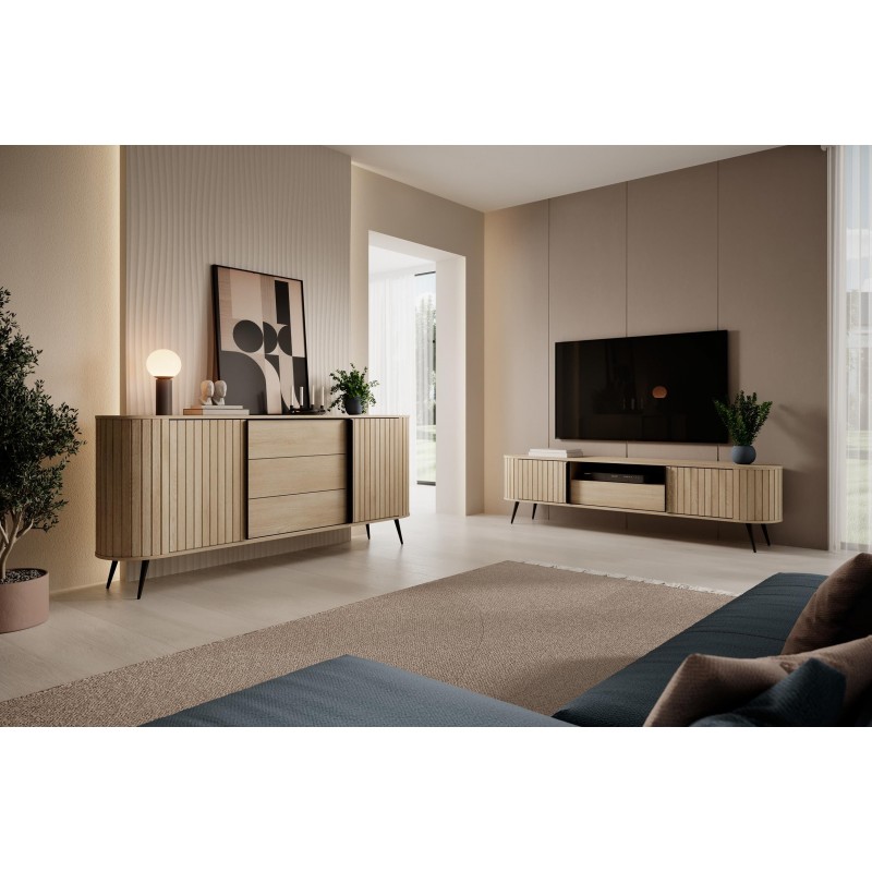 RTV Tisch RIVO 196 cm - TV-Schrank in Eiche Cremona mit geriffelten Fronten 9/9