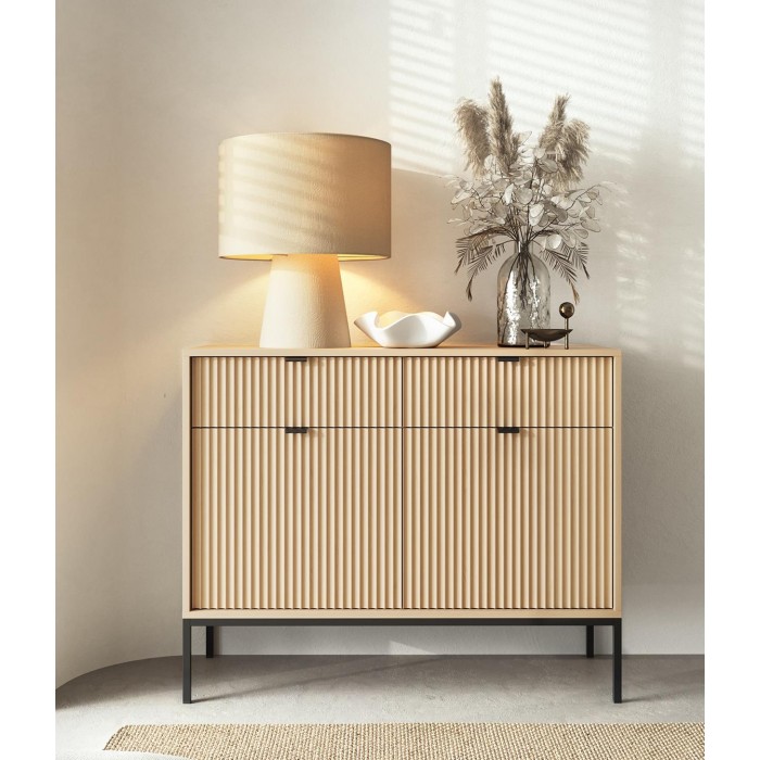 Zweitürige Kommode mit Schubladen Nova 104cm Vicenza Eiche auf Schwarzen Beinen