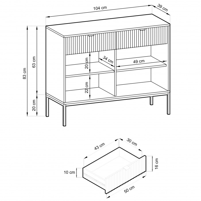 Zweitürige Kommode mit Schubladen Nova 104cm Vicenza Eiche auf Schwarzen Beinen