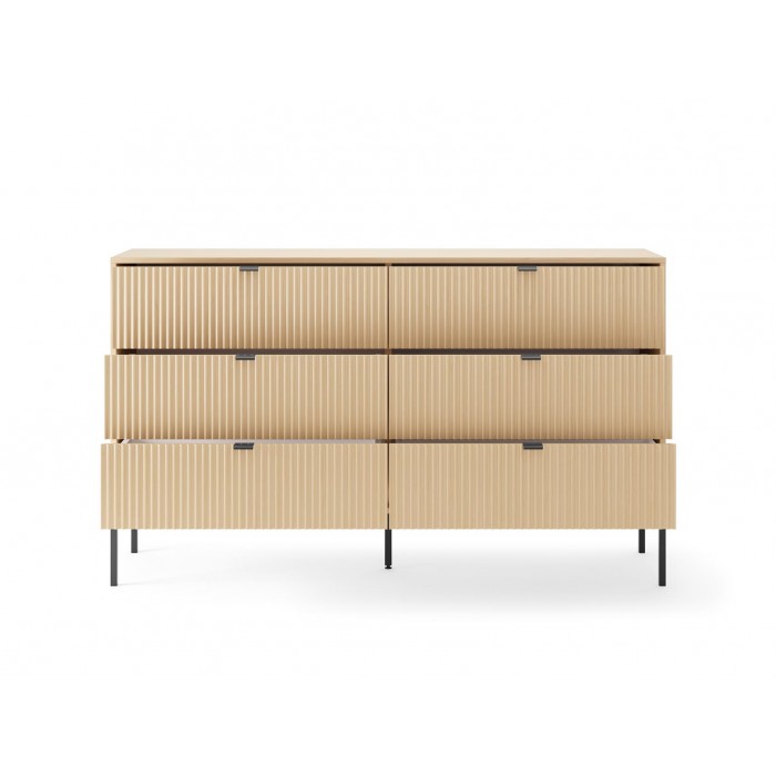 Kannelierte Kommode NOVA 154 cm - 6 Schubladen, Eiche Vicenza mit schwarzem Rahmen