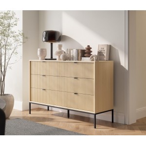 Kannelierte Kommode NOVA 154 cm - 6 Schubladen, Eiche Vicenza mit schwarzem Rahmen 3/9