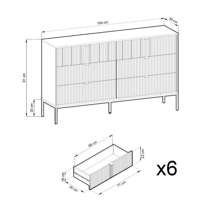 Kannelierte Kommode NOVA 154 cm - 6 Schubladen, Eiche Vicenza mit schwarzem Rahmen