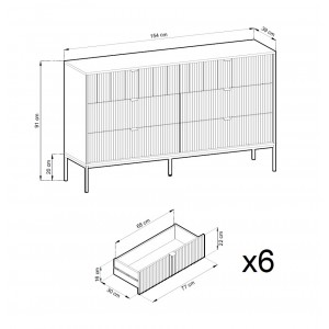 Kannelierte Kommode NOVA 154 cm - 6 Schubladen, Eiche Vicenza mit schwarzem Rahmen 5/9