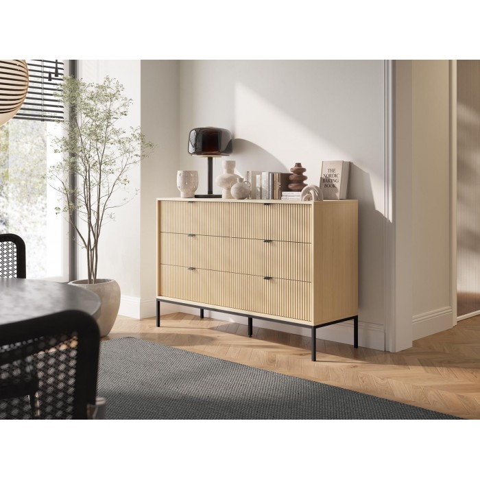 Kannelierte Kommode NOVA 154 cm - 6 Schubladen, Eiche Vicenza mit schwarzem Rahmen