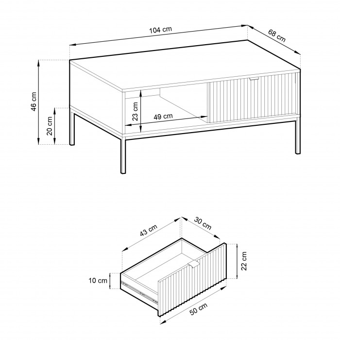 Couchtisch NOVA 104 cm - 2 Schubladen, Eiche Vicenza auf schwarzem Rahmen