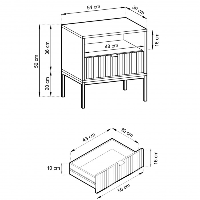 Nachttisch NOVA 54 cm geriffelt - Eiche Vicenza auf schwarzem Rahmen