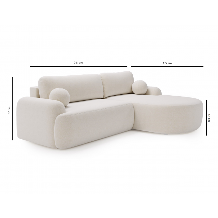 Elegantes cremefarbenes Ecksofa CLOUDY aus Veloursstoff mit abgerundeten Seiten und dekorativen kugelförmigen Polstern