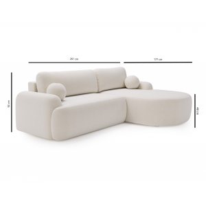 Elegantes cremefarbenes Ecksofa CLOUDY aus Veloursstoff mit abgerundeten Seiten und dekorativen kugelförmigen Polstern 7/9