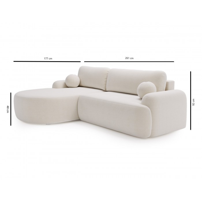 Elegante braune CLOUDY-Ecke links aus Velourstoff mit abgerundeten Seiten und dekorativen kugelförmigen Kissen