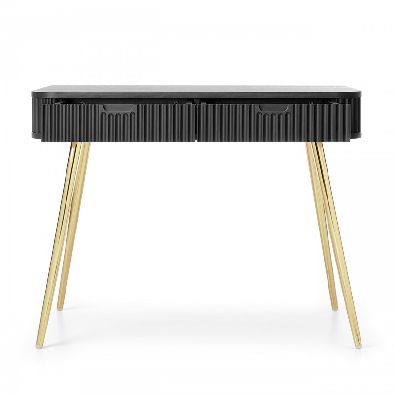 Schminktisch Konsolentisch Schreibtisch mit Schubladen geriffelte Fronten auf goldenen Beinen ZOVA Schwarz 2/9