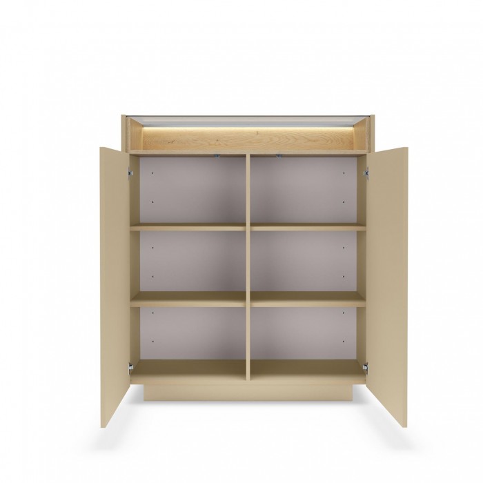 KIRO Highboard Kommode mit LED-Beleuchtung & Glasplatte, 103x119 cm, Kakao / Eiche Cremona