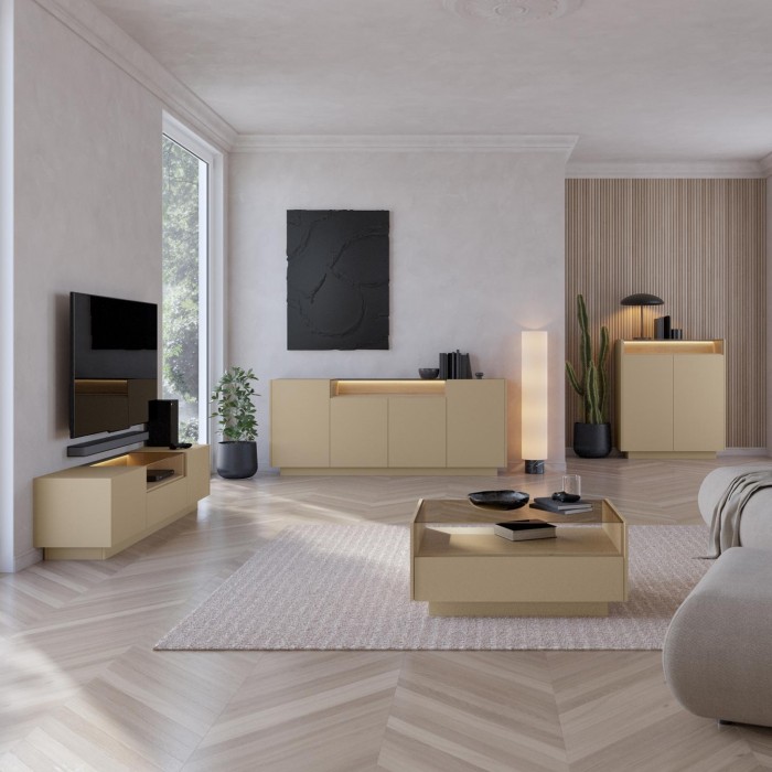 KIRO Highboard Kommode mit LED-Beleuchtung & Glasplatte, 103x119 cm, Kakao / Eiche Cremona
