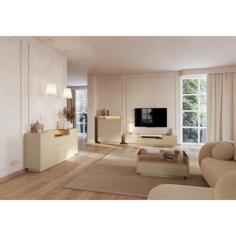 KIRO Highboard Kommode mit LED-Beleuchtung & Glasplatte, 103x119 cm, Kakao / Eiche Cremona 9/9