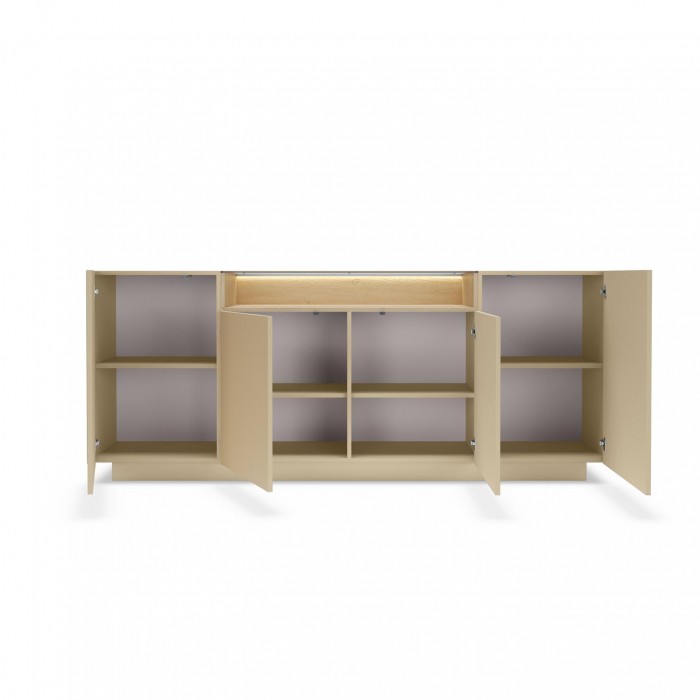 KIRO Sideboard Kommode 4-türig mit LED & Glasplatte, 203x83 cm, Kakao / Eiche