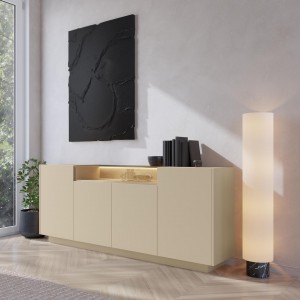 KIRO Sideboard Kommode 4-türig mit LED & Glasplatte, 203x83 cm, Kakao / Eiche 3/9
