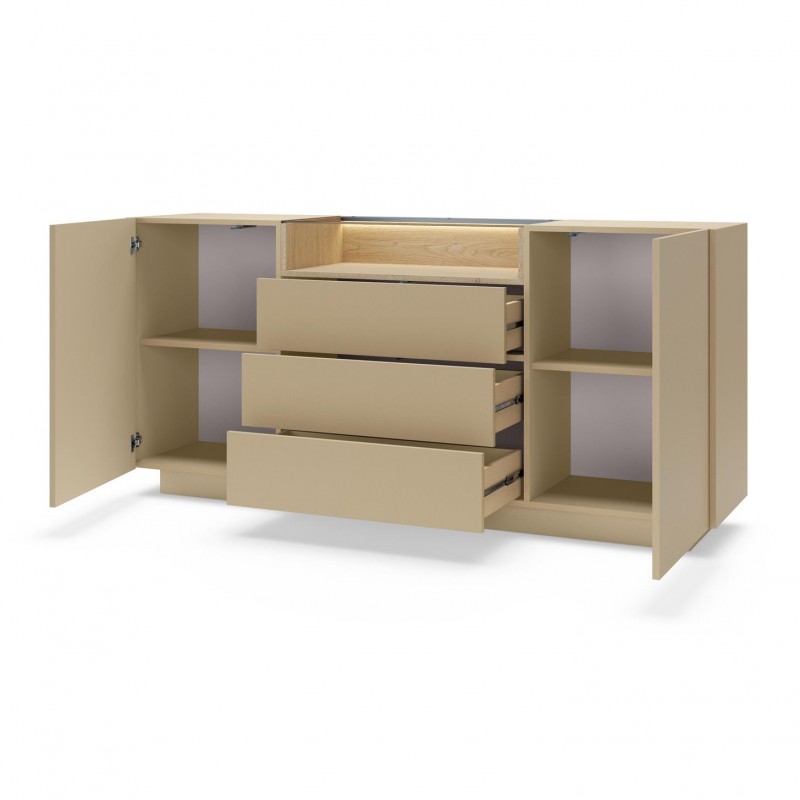 KIRO Sideboard Kommode mit 3 Schubladen, LED & Glas, 176x83 cm, Kakao / Eiche 2/9