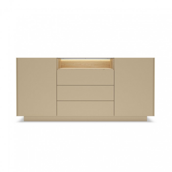 KIRO Sideboard Kommode mit 3 Schubladen, LED & Glas, 176x83 cm, Kakao / Eiche