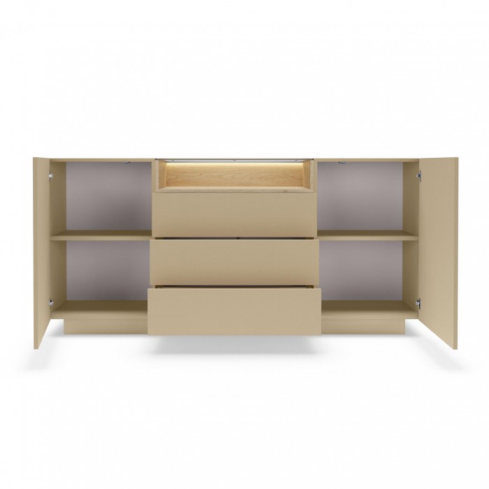 KIRO Sideboard Kommode mit 3 Schubladen, LED & Glas, 176x83 cm, Kakao / Eiche