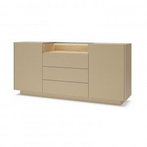 KIRO Sideboard Kommode mit 3 Schubladen, LED & Glas, 176x83 cm, Kakao / Eiche 1/9
