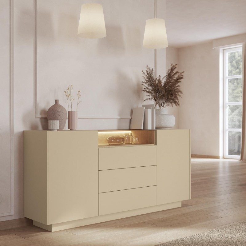 KIRO Sideboard Kommode mit 3 Schubladen, LED & Glas, 176x83 cm, Kakao / Eiche 3/9