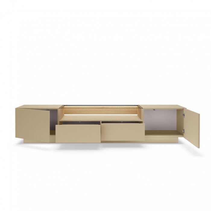 KIRO TV-Lowboard 203 cm mit LED & Glas, 2 Türen 2 Schubladen, Kakao / Eiche