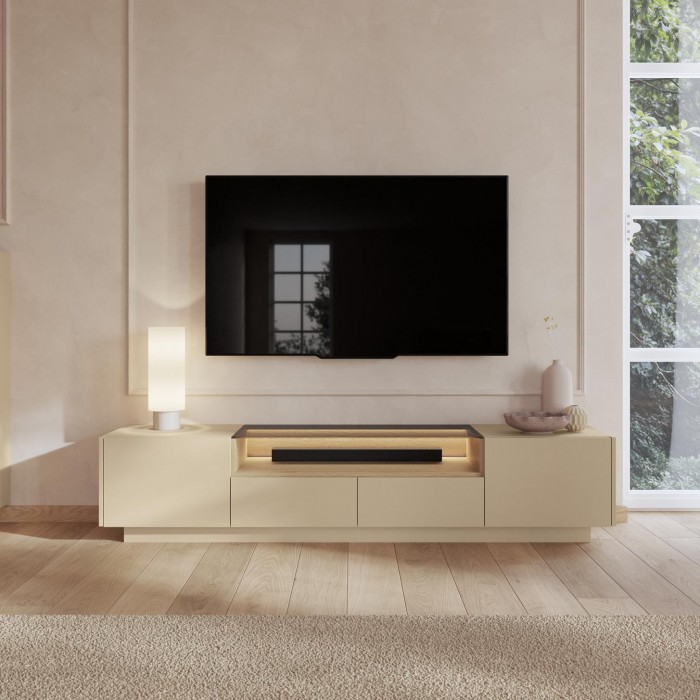 KIRO TV-Lowboard 203 cm mit LED & Glas, 2 Türen 2 Schubladen, Kakao / Eiche