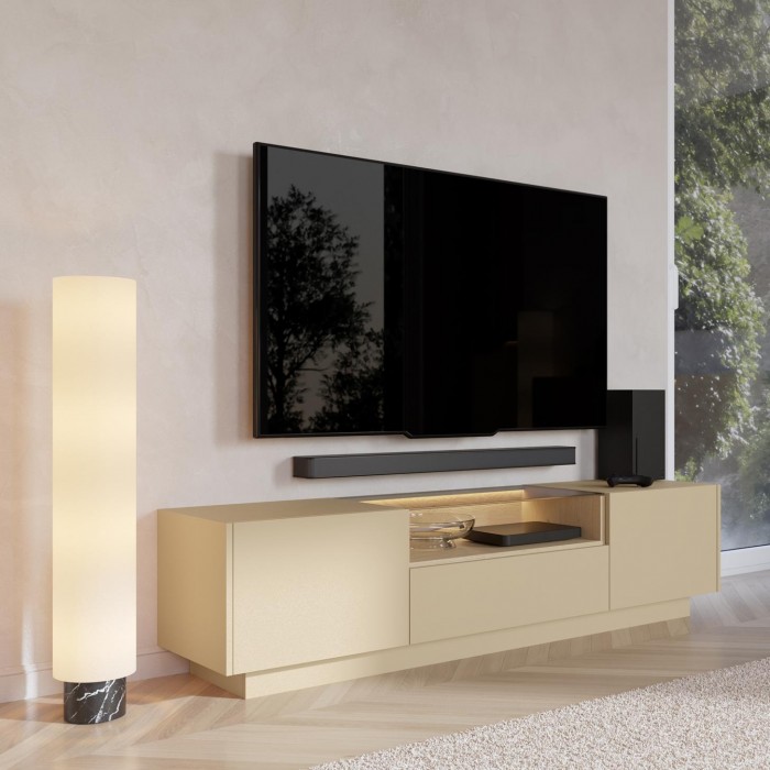 KIRO TV-Lowboard 176 cm mit LED & Glas, 2 Türen 1 Schublade, Kakao / Eiche