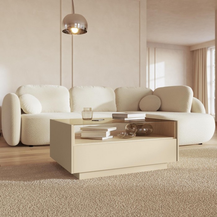 KIRO Couchtisch mit 2 Schubladen, LED & Glasplatte, 96x67 cm, Kakao / Eiche