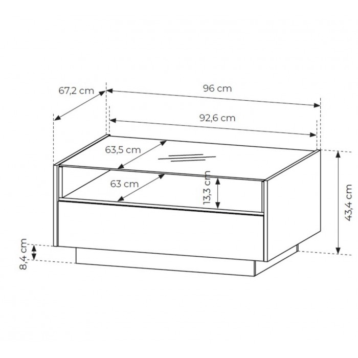 KIRO Couchtisch mit 2 Schubladen, LED & Glasplatte, 96x67 cm, Kakao / Eiche