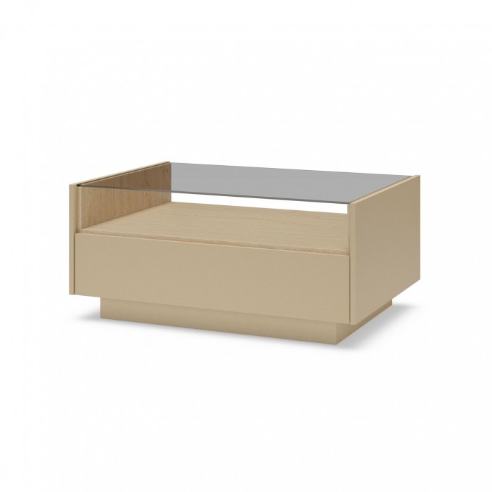 KIRO Couchtisch mit 2 Schubladen, LED & Glasplatte, 96x67 cm, Kakao / Eiche