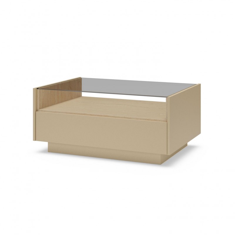 KIRO Couchtisch mit 2 Schubladen, LED & Glasplatte, 96x67 cm, Kakao / Eiche 1/9