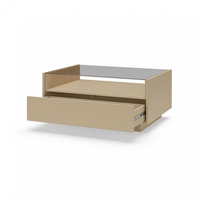 KIRO Couchtisch mit 2 Schubladen, LED & Glasplatte, 96x67 cm, Kakao / Eiche