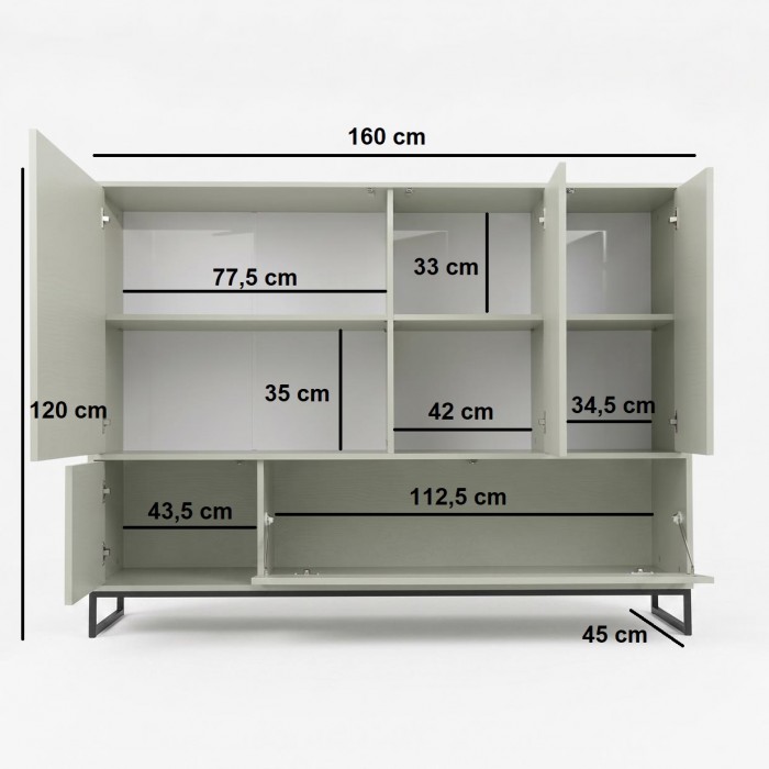 Hohe Kommode GENUA 160 cm in Hellgrün, Eukalyptus, Loft, Japandi, Push-to-Open, Metallgestell
